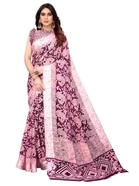 

AADVIKA Purple & Off White Floral Linen Blend Ready to Wear Saree