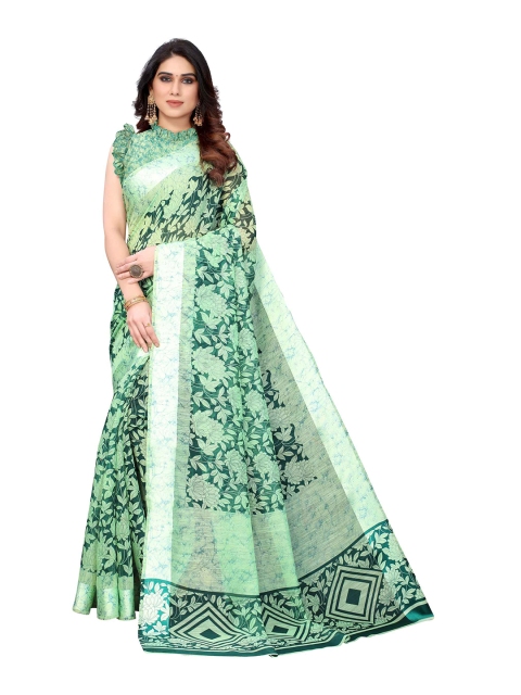

AADVIKA Green Floral Linen Blend Ready to Wear Saree