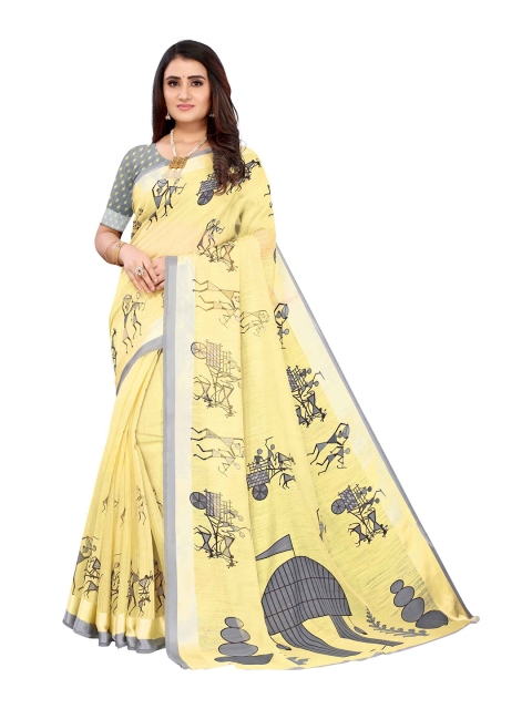 

AADVIKA Yellow & Grey Floral Linen Blend Ready to Wear Saree
