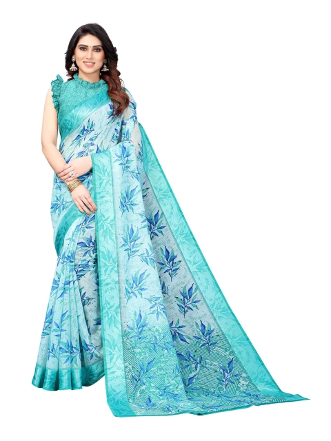 

AADVIKA Blue & Green Floral Linen Blend Saree