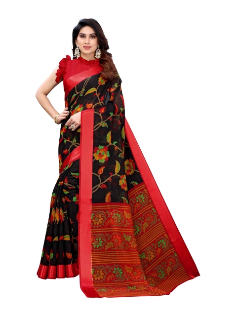 

AADVIKA Black & Pink Floral Linen Blend Saree
