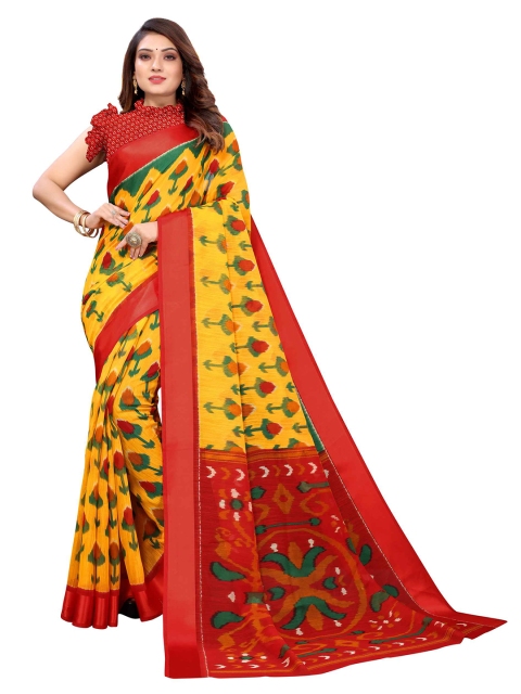 

AADVIKA Yellow & Red Floral Linen Blend Saree