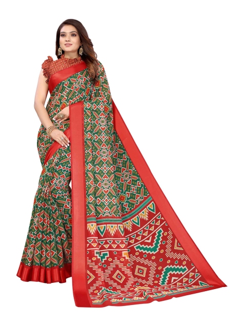 

AADVIKA Green & Red Ethnic Motifs Linen Blend Saree