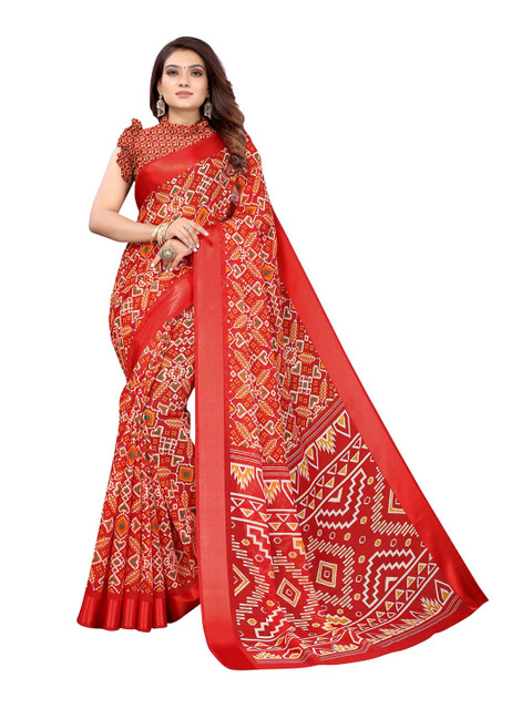 

AADVIKA Red & Cream-Coloured Floral Print Zari Border Saree