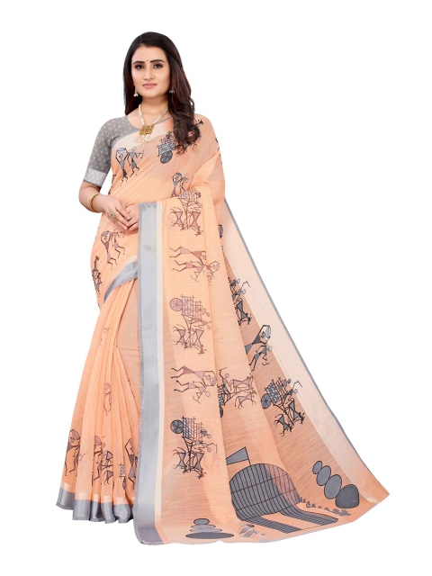 

AADVIKA Peach-Coloured Warli Linen Blend Saree