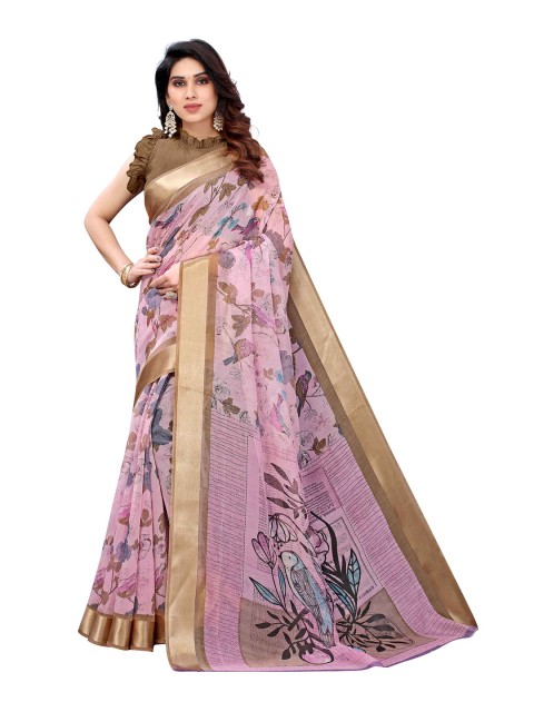 

AADVIKA Purple & Cream-Coloured Floral Linen Blend Saree