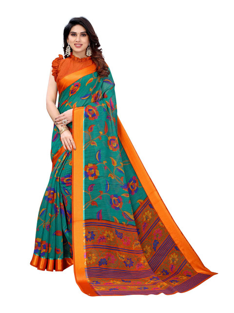 

AADVIKA Green & Pink Floral Printed Saree
