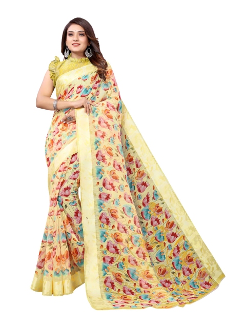 

AADVIKA Yellow & Green Floral Linen Blend Saree