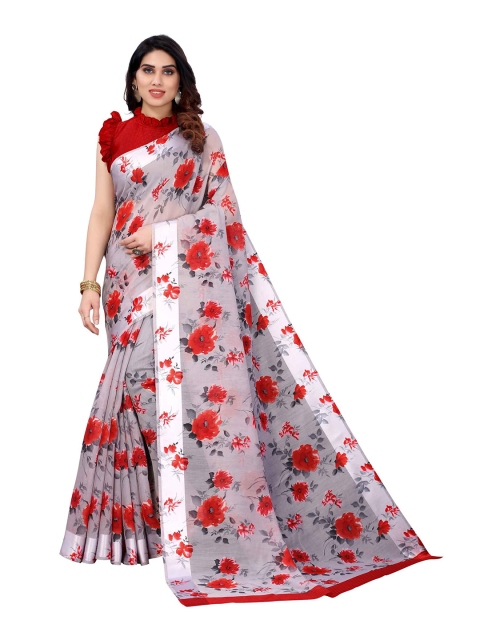 

AADVIKA Red & Cream-Coloured Floral Linen Blend Saree