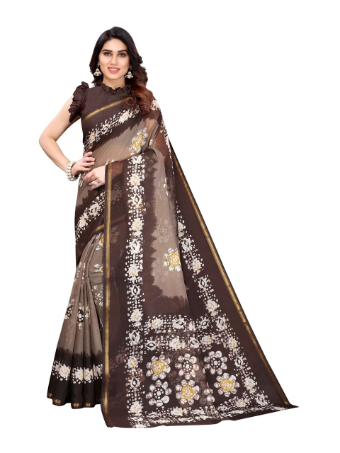 

AADVIKA Brown & White Floral Linen Blend Saree