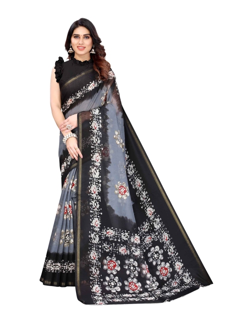 

AADVIKA Black & White Floral Print Zari Saree