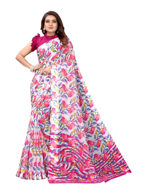 

AADVIKA Pink & Grey Floral Linen Blend Saree