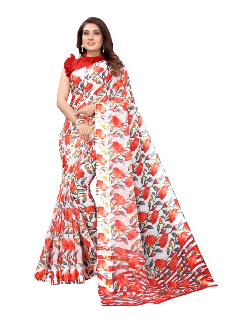 

AADVIKA Red & White Floral Linen Blend Saree
