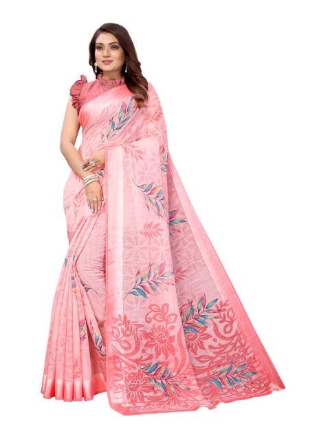 

AADVIKA Pink & Orange Floral Linen Blend Saree