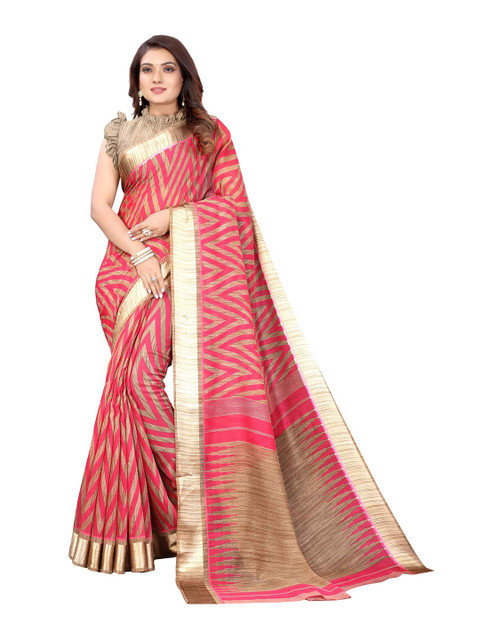 

AADVIKA Pink & Beige Zari Linen Blend Saree