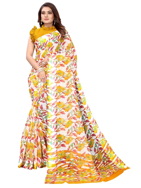 

AADVIKA Yellow & Camel Brown Floral Linen Blend Saree