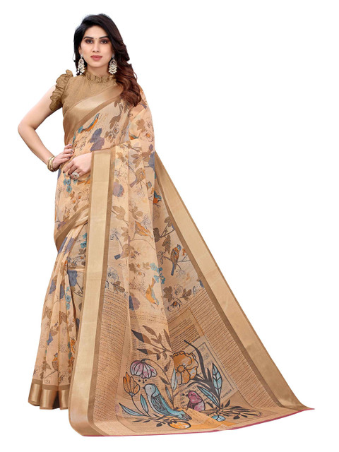 

AADVIKA Brown & Yellow Floral Linen Blend Saree