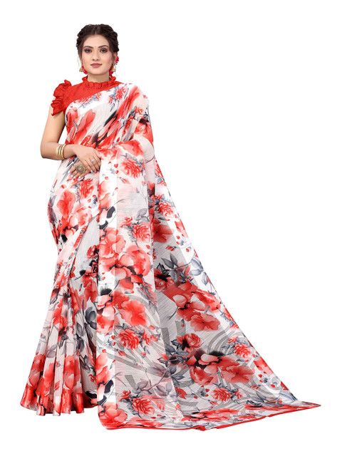 

AADVIKA Red & White Floral Linen Blend Saree