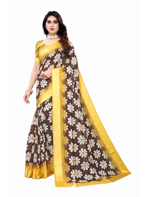 

AADVIKA Brown & Yellow Floral Print Saree