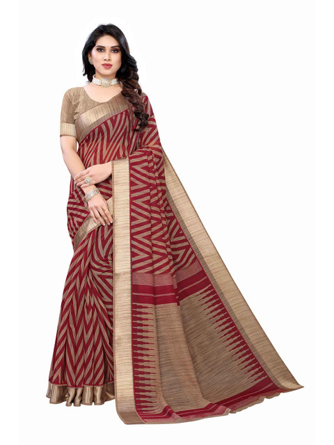 

AADVIKA Maroon & Camel Brown Linen Blend Saree