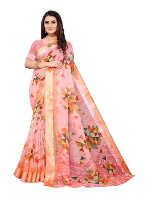 

AADVIKA Pink & Orange Floral Print Saree