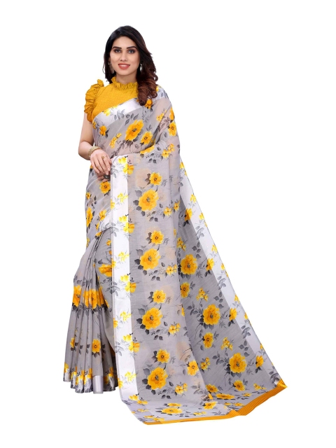 

AADVIKA Yellow & Grey Floral Linen Blend Saree