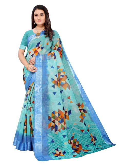 

AADVIKA Green & Blue Geometric Linen Blend Saree