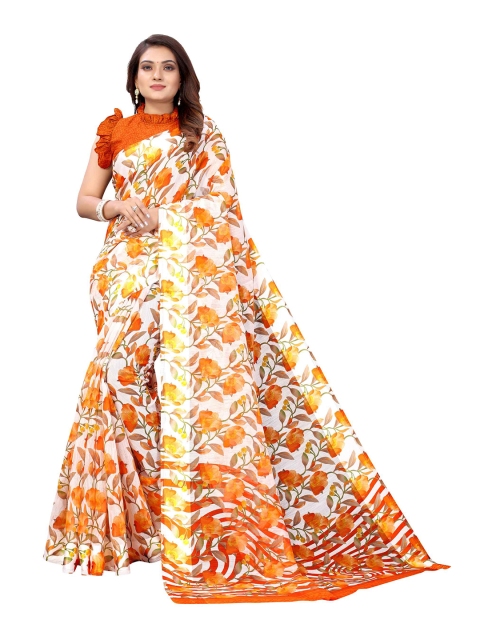 

AADVIKA Orange & Cream-Coloured Floral Linen Blend Saree