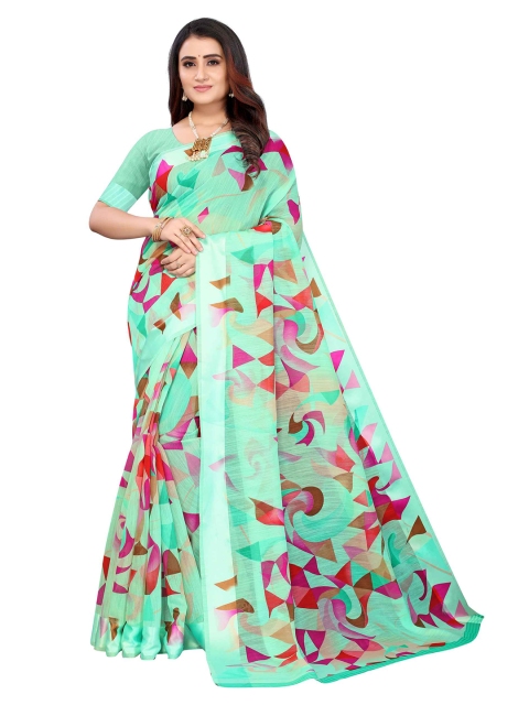 

AADVIKA Green & Pink Floral Printed Saree