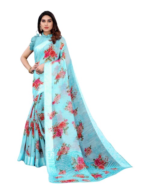 

AADVIKA Blue & Red Floral Linen Blend Saree