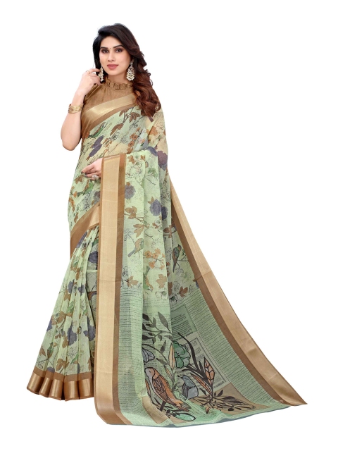

AADVIKA Green & Brown Floral Print Saree