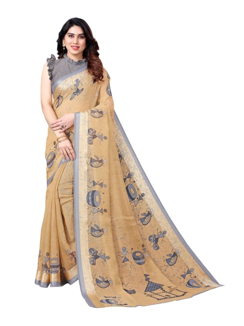

AADVIKA Mustard & Grey Ethnic Motifs Linen Blend Saree