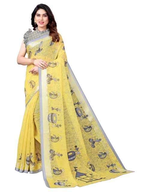 

AADVIKA Yellow & Grey Warli Linen Blend Ready to Wear Saree