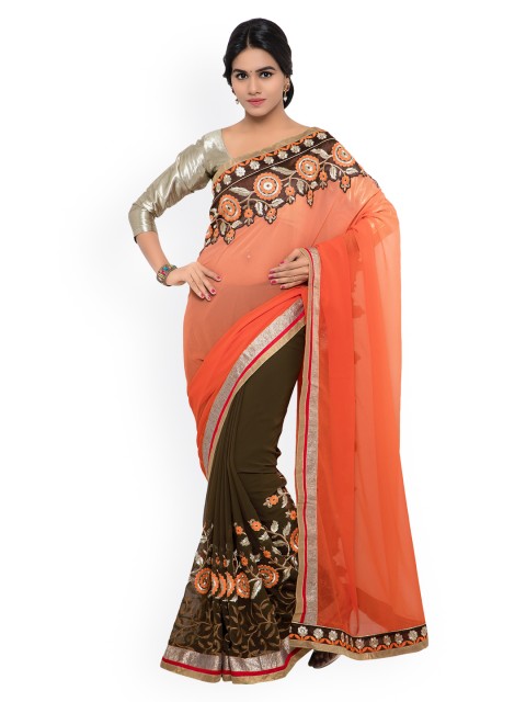 

Shaily Peach-Coloured & Brown Embroidered Georgette & Raw Silk Saree