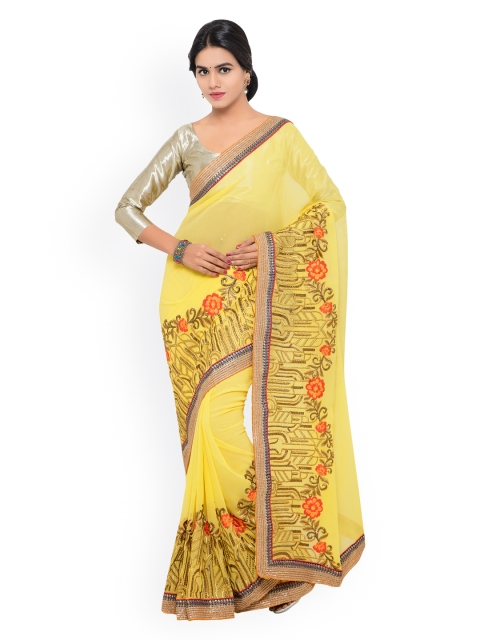 

Shaily Yellow Embroidered Georgette & Net Saree