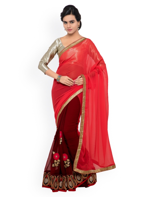 

Shaily Red & Brown Embroidered Georgette & Raw Silk Saree