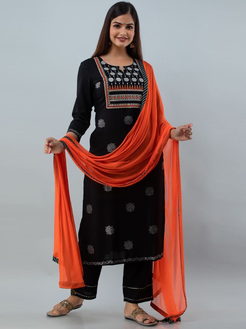 

GULMOHAR JAIPUR Black Embroidered Thread Work Kurta with Trousers & With Dupatta