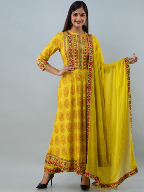 

GULMOHAR JAIPUR Women Mustard Yellow Ethnic Motifs Printed Pleated Kurta with Trousers & With Dupatta
