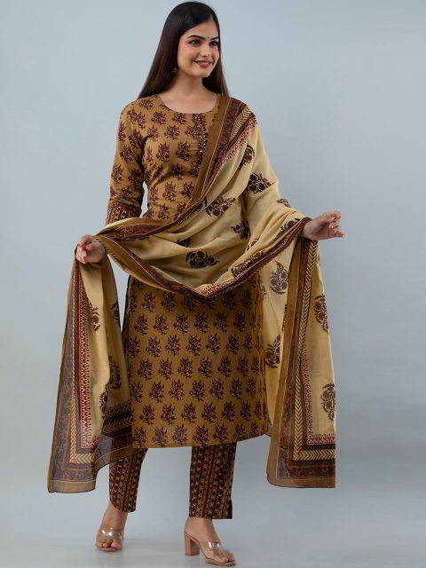 

GULMOHAR JAIPUR Women Brown Ethnic Motifs Printed Empire Pure Cotton Kurta with Trousers & With Dupatta