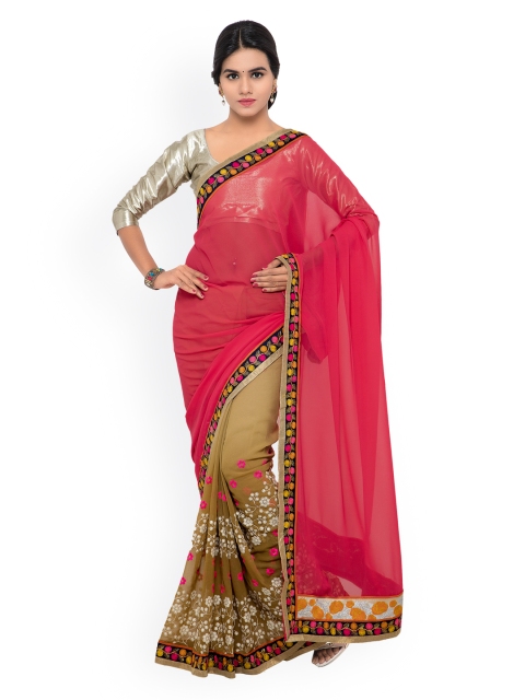 

Shaily Pink & Beige Embroidered Georgette & Raw Silk Saree