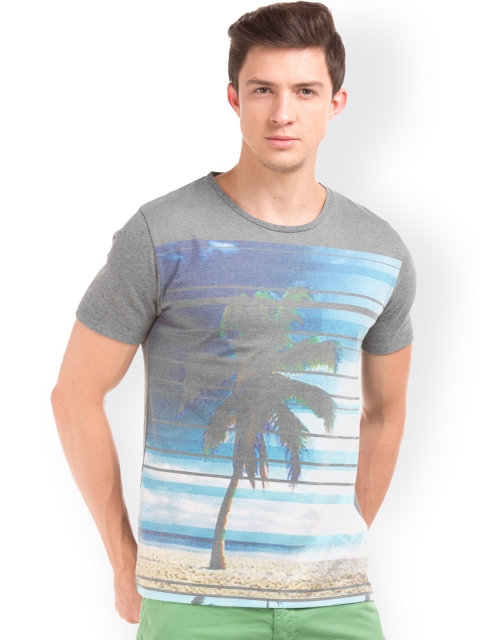 

Breakbounce Men Grey Melange Printed Round Neck T-shirt
