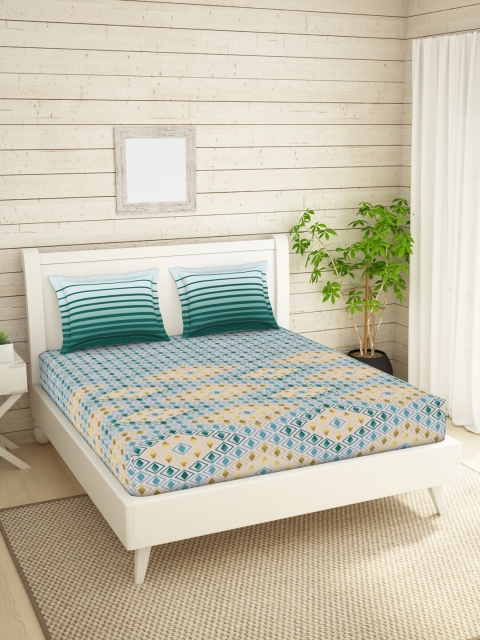 

SPACES Teal & Beige Geometric 144 TC Pure Cotton King Bedsheet with 2 Pillow Covers