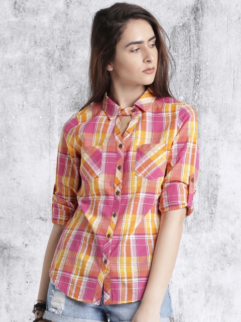 

Roadster Women Pink & Yellow Checked Shirt