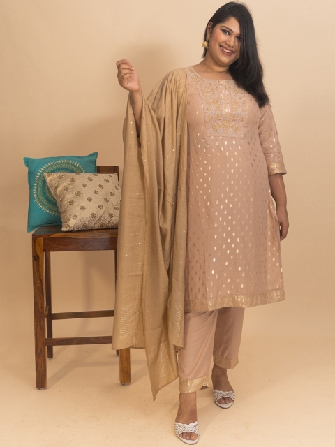 

Bani Plus Size Beige Ethnic Motifs Embroidered Kurta with Trousers & With Dupatta