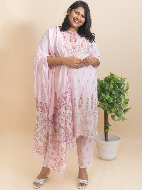 

Bani Women Plus Size Pink Ethnic Motifs Sequinned Liva Kurta with Trousers & With Dupatta