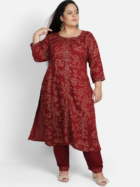 

Bani Women Plus Size Maroon Ethnic Motifs Printed Liva Kurta With Salwar