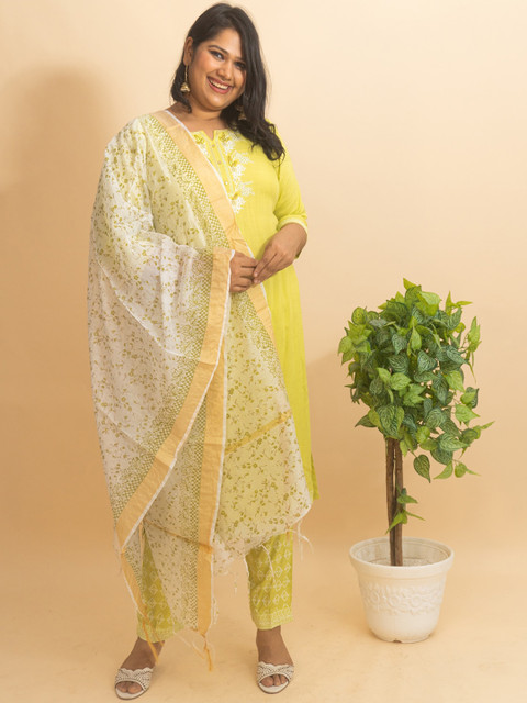 

Bani Women Plus Size Yellow Embroidered Liva Kurta with Trousers & With Dupatta