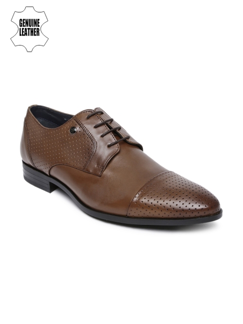 

Louis Philippe Men Brown Pointy-Toed Perforated Genuine Leather Derby Shoes