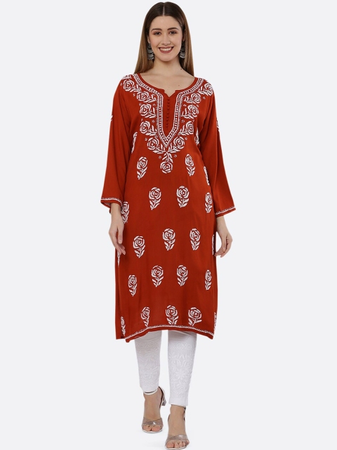 

FAWOMENT Red Lucknowi Hand Embroidered Chikankari Kurta