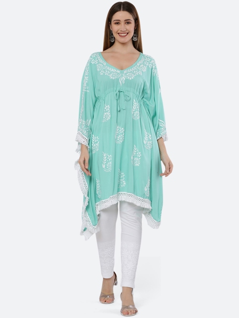 

FAWOMENT Green Ethnic Motifs Embroidered Flared Sleeves Chikankari Kaftan Kurta